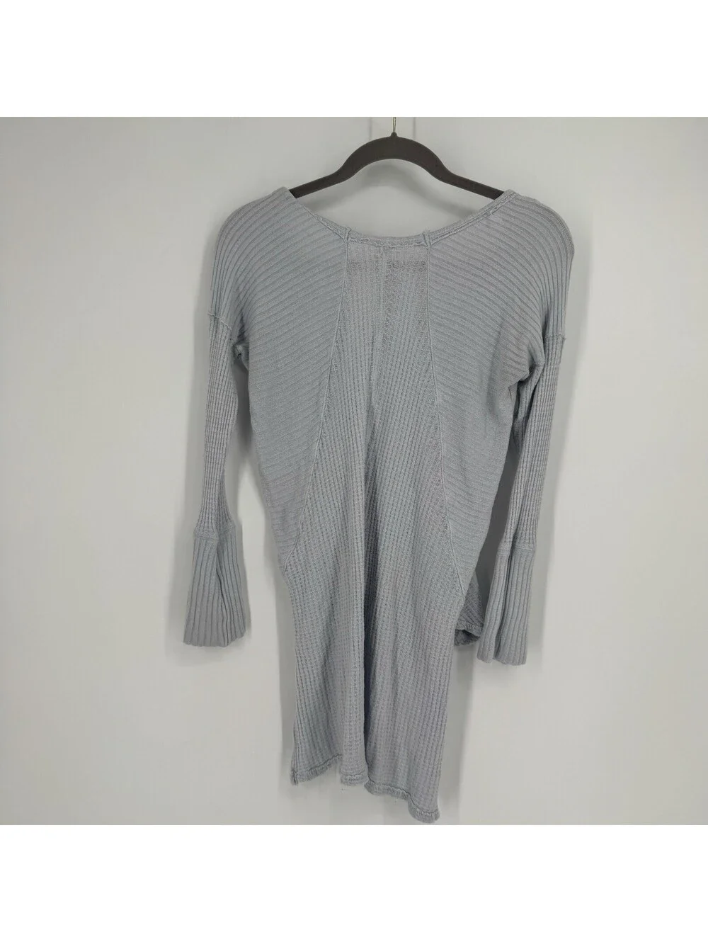 Free People top small S blue thermal knit waffle ribbed raw wedge slouchy artsy